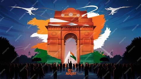 Patriotic Sketch of India Gate Celebrating Independence with National Colors and FlagWaving ...