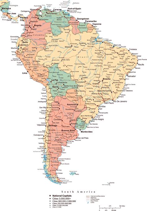 Large political map of South America with roads, major cities and capitals | South America ...