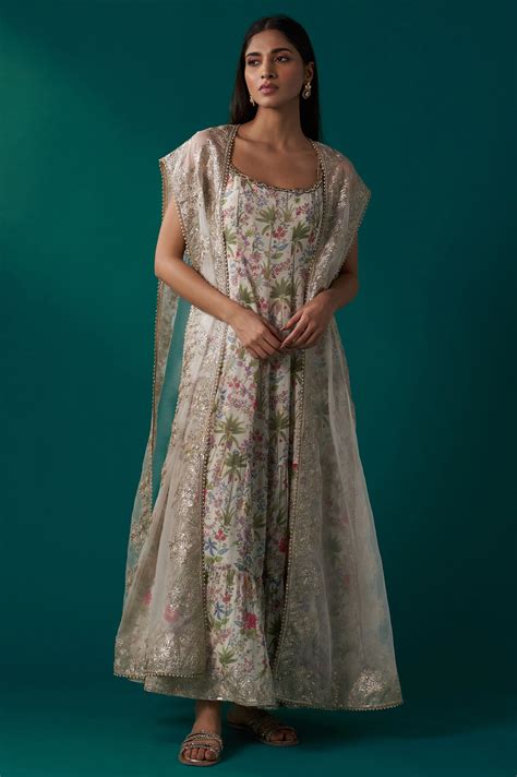 White Floral Printed Anarkali Dress and Embroidered Organza Cape Set