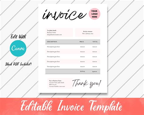 Buy Printable Invoice Template Download, Canva Template, Editable ...