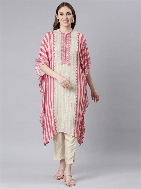 Neerus Cream Panelled Straight Solid Kurta And Trousers – Neerus India