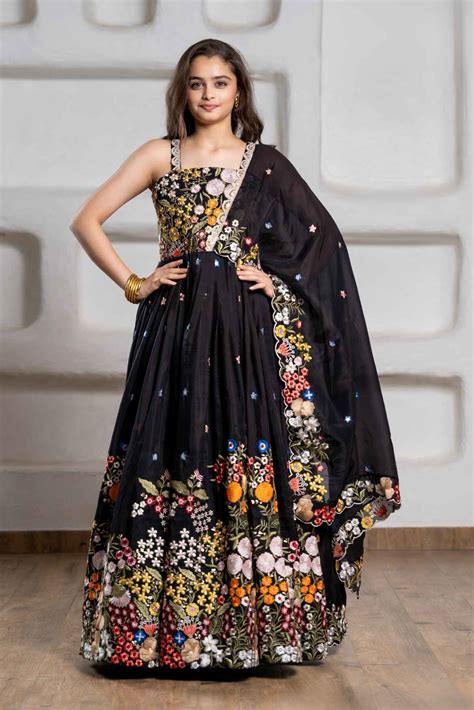 Elegant Black Thread Embroidered And Bead Work Ethnic Gown For Girls ...