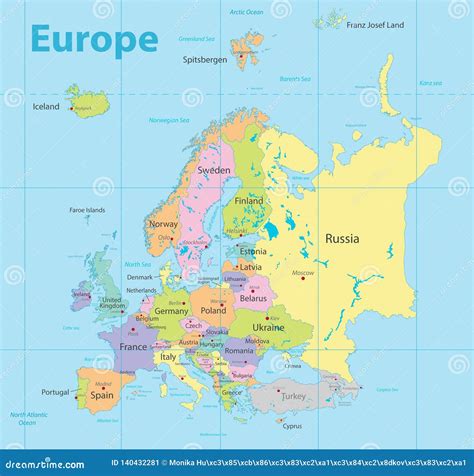 Europe Map Colorful, New Political Detailed Map, Separate Individual States, with State City and ...
