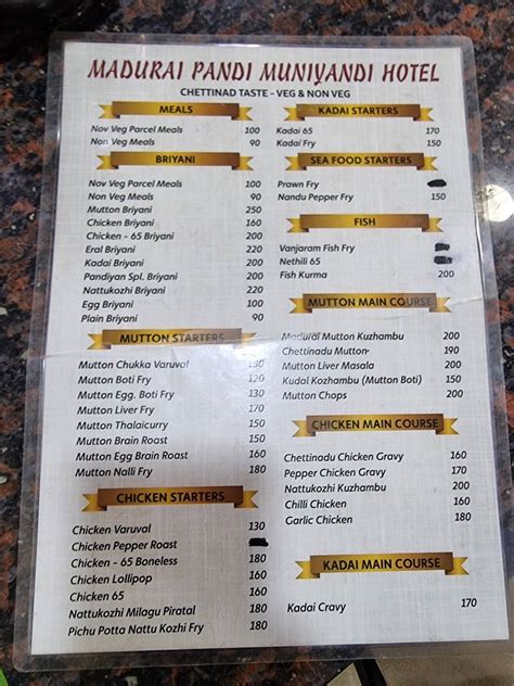Menu at Madurai Pandi Muniyandi Hotel, Chennai, Old No 605A