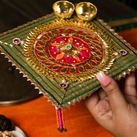 Buy Floral Gota Patti Green Pooja Thali 6" Online in India - karvachauth