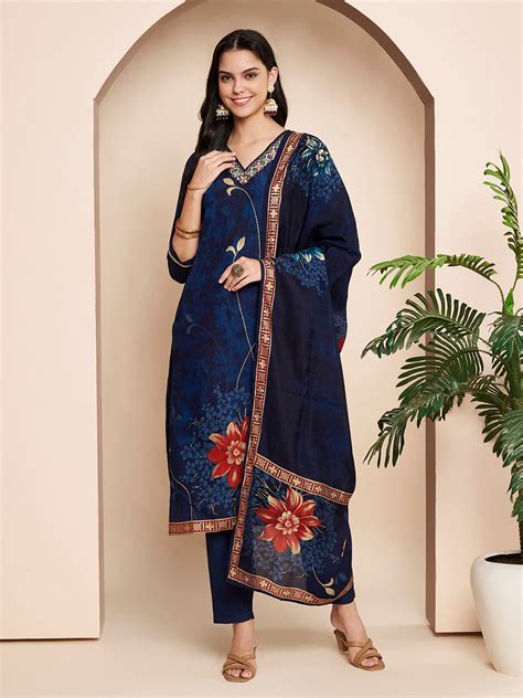 Navy Blue Embroidered Kurta Set with Pant & Dupatta – BE INDI