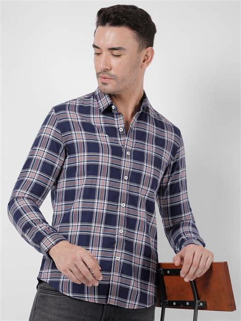 Buy Men's Navy Blue Checked Slim Fit Shirt Online | Numero Uno