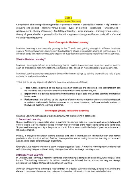 ML - Machine Learning Unit 1 Study Notes and Techniques - Studocu