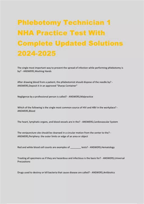 Phlebotomy Technician 1 NHA Practice Test With Complete Updated ...