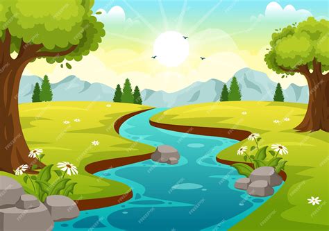 Premium Vector | River landscape illustration with view mountains and forest surrounding the ...