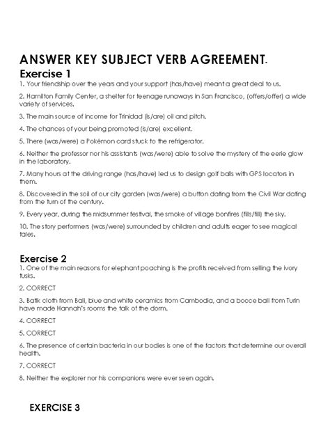 ENG 101 UNIT 1 Answer KEY: Subject-Verb Agreement Exercises - Studocu