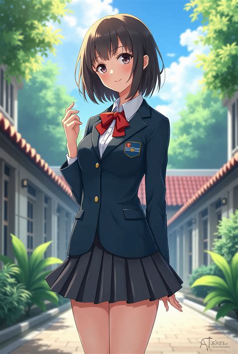 Anime girl in school uniform posing for a picture in a courtyard ...