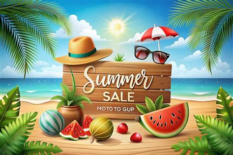 Summer sale banner with beach scene hat sunglasses watermelon and ...