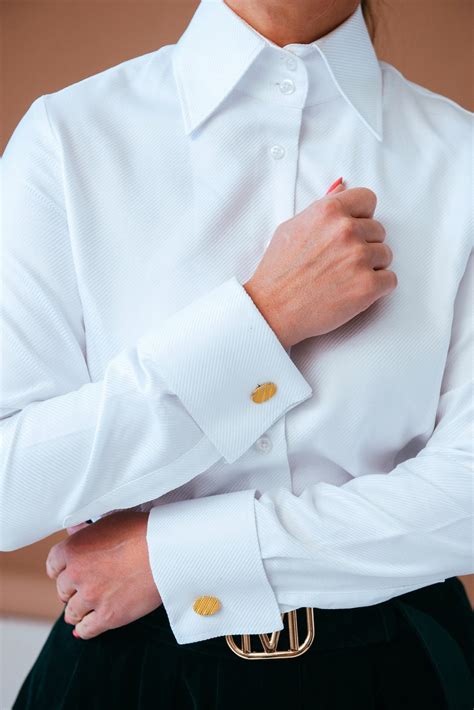 Elegant French Cuff Shirt for Women High Collar Blouse, Fitted White ...