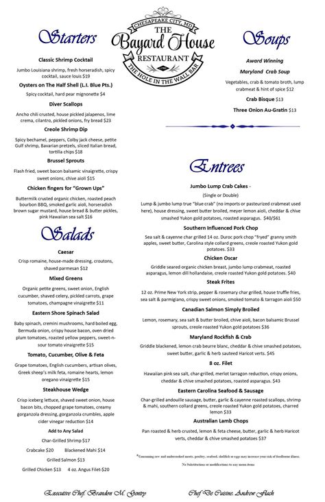 Menu at The Bayard House Restaurant, Chesapeake City