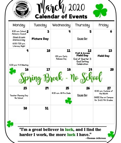 Centennial Elementary Calendar - Printable Calendars AT A GLANCE