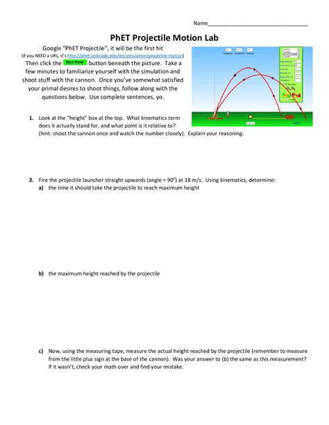 PhET Projectile Motion Lab | Study notes Kinematics | Docsity