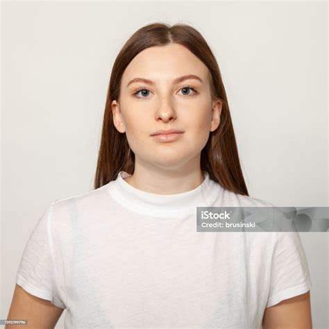 Close Up Studio Portrait Of 21 Year Old Woman With Brown Hair Stock ...