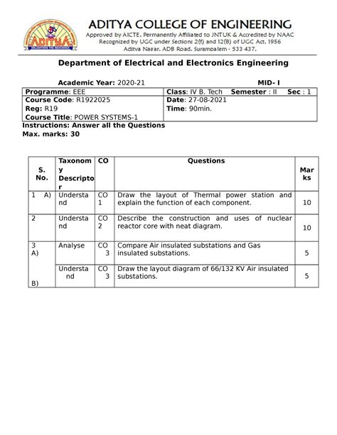 PS-1- MID-1 & 2 question paper-2020-21 - Department of Electrical and ...