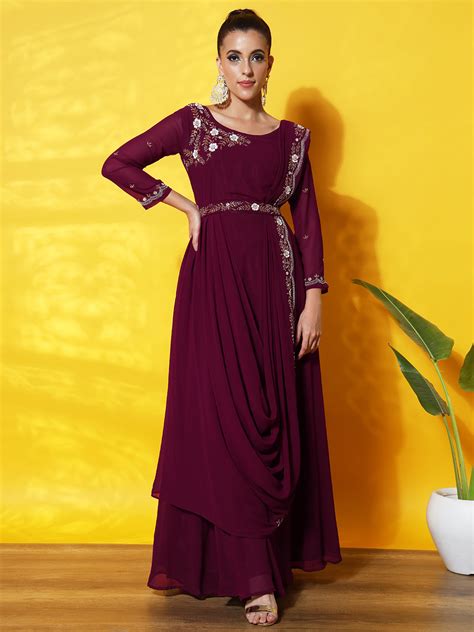 AYNS51 Pre Draped Saree Style Dress with Sequin Cut dana Embroidery ...