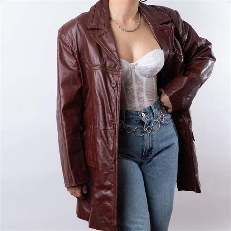 Stunning burgundy leather coat with long sleeves,... - Depop