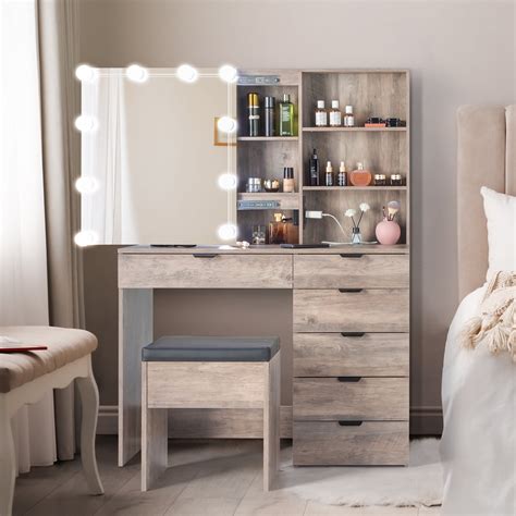 Ktaxon Vanity Set with Lighted Mirror, Charging Station, 6 Drawers ...