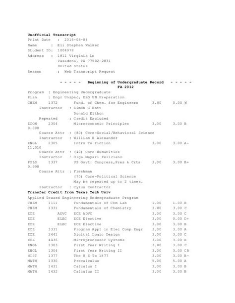 Image result for Unofficial Transcript Sample