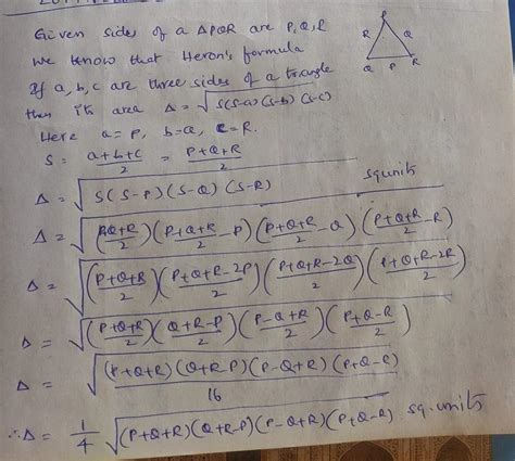 area of a triangle P,Q,R whose sides are P,Q,R is - Brainly.in