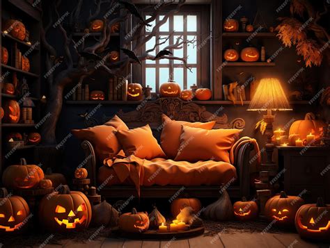 Premium Photo | Creepy jack o' lanterns sitting on the sofa in the ...