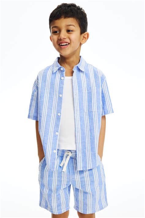 Light blue/Striped Short-sleeved linen-blend shirt for kids | H&M IN