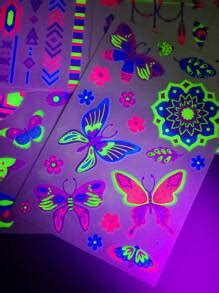 12 Blatt neon-leuchtende temporäre Tattoos, schwarzlicht Körperkunst ...