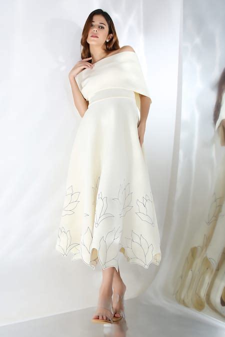 Buy White Neoprene Embroidery Square Neck Line Art Midi Dress And Cape ...