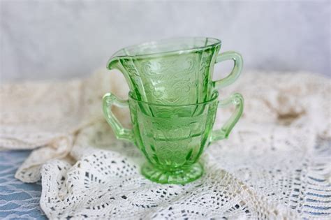 Vintage Green Depression Glass Set - Creamer and Sugar Bowl Footed ...