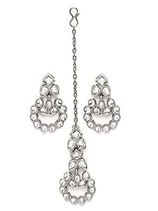 Buy Karatcart Silver Tone Kundan Studded Drop Earrings with Maangtikka ...