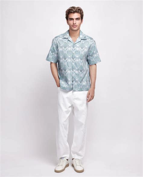 Rare Rabbit Men's Grit Blue Cotton Abstract Print Relaxed Fit Half Sle