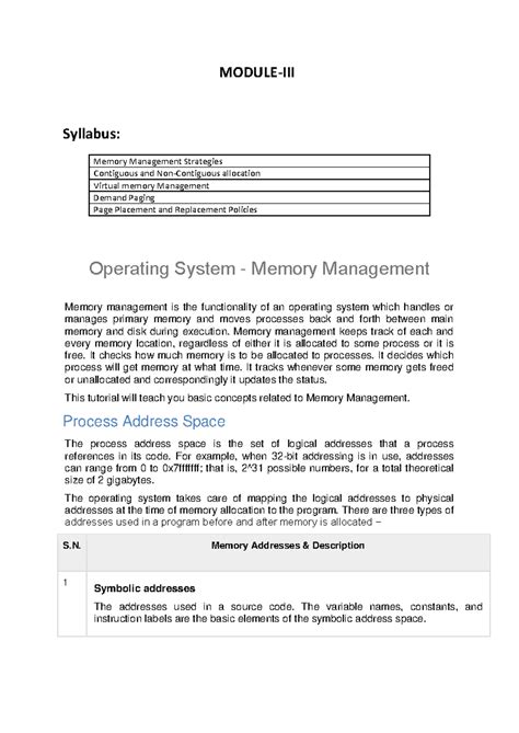 Operating Systems - Module 3 - MODULE-III Syllabus: Memory Management ...