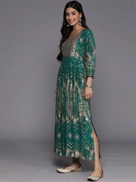 Buy Green Printed Fit and Flare Rayon Dress Online at Rs.935 | Libas