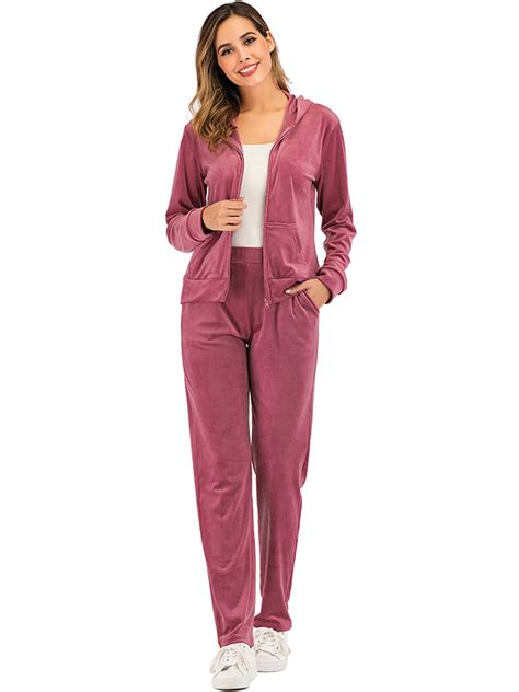 LELINTA Womens Casual Basic Velour Zip Up Hoodie Sweatsuit Tracksuit ...