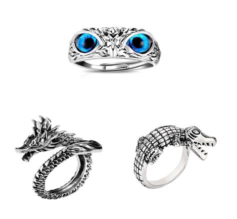 Buy BLUE EYES OWL, CROCODILE & DRAGON RING Adjustable Ring (Pack of 3 ...