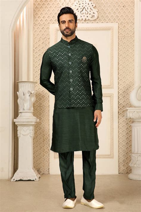 Green Men's Kurta Set Reception Wear Nehru Jacket Kurta Groomsmen ...