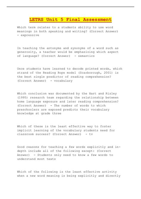 LETRS Unit 5 Final Assessment - LETRS Unit 5 - Stuvia US