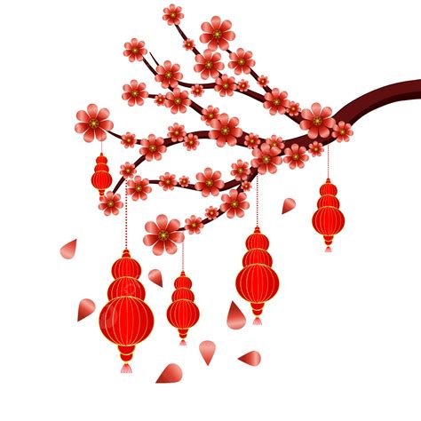 Chinese Lantern Vietnam Traditional Lunar New Year Red Flower Watercolor Hand Drawn Painting ...