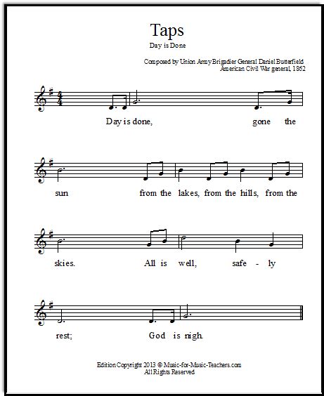 Taps Trumpet Music Arranged for Piano, Free Sheet Music
