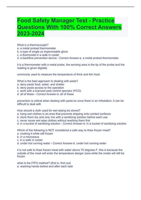 Food Safety Manager Test - Practice Questions With 100% Correct Answers ...