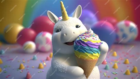 Premium Photo | A unicorn eating an ice cream cone with rainbow colors ...