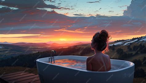 Premium AI Image | Young woman take bath outdoor at sunset girl rear view to nude back take ...