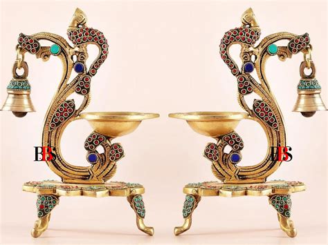 Buy B.B.S BRASS BRAND STATUES Diya Brass Peacock Hanging Set of 2 with ...