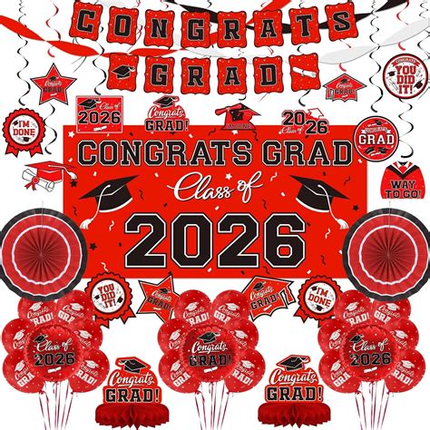 Red Themed 2026 Graduation Decorations Set - Congrats Grad Banner ...