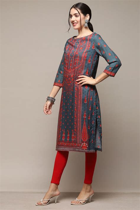 Teal LIVA Straight Printed Kurta at Biba India