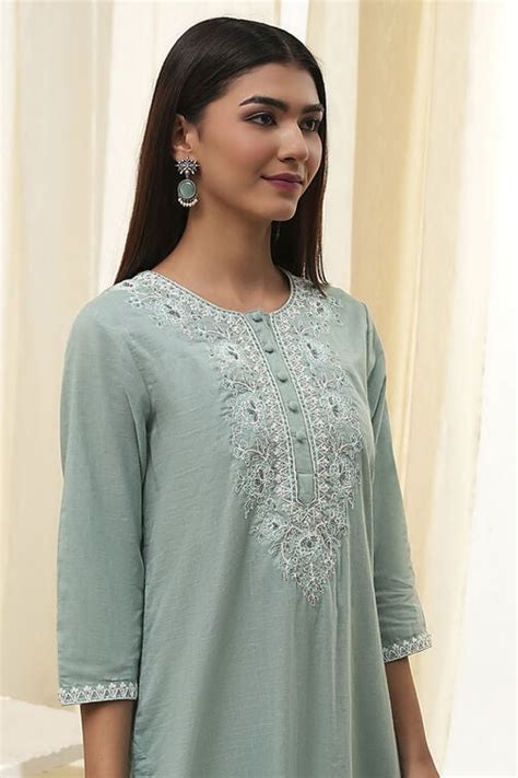 Green Pure Cotton Embellished Straight Suit Set Kurta,Palazzo at Biba ...